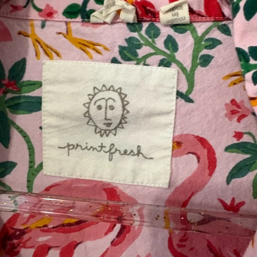 Printfresh Pink Flamingo Botanical Print Long Sleeve Button-Up Pajama Top Size L - Picture 2 of 6